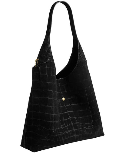 Extra-Large Crocodile-Embossed Suede Shoulder Bag