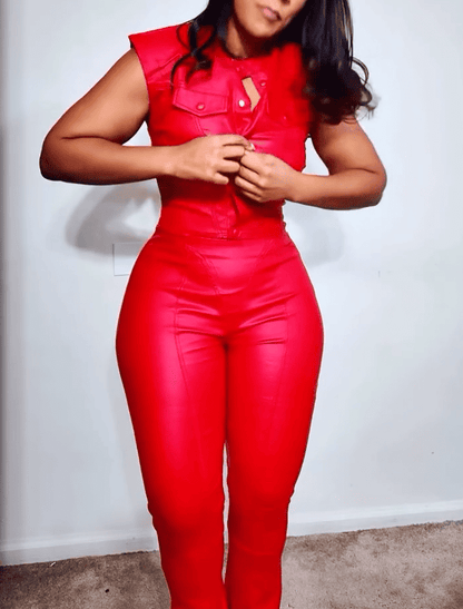 Faux Leather Sleeveless Jacket & Pants Set