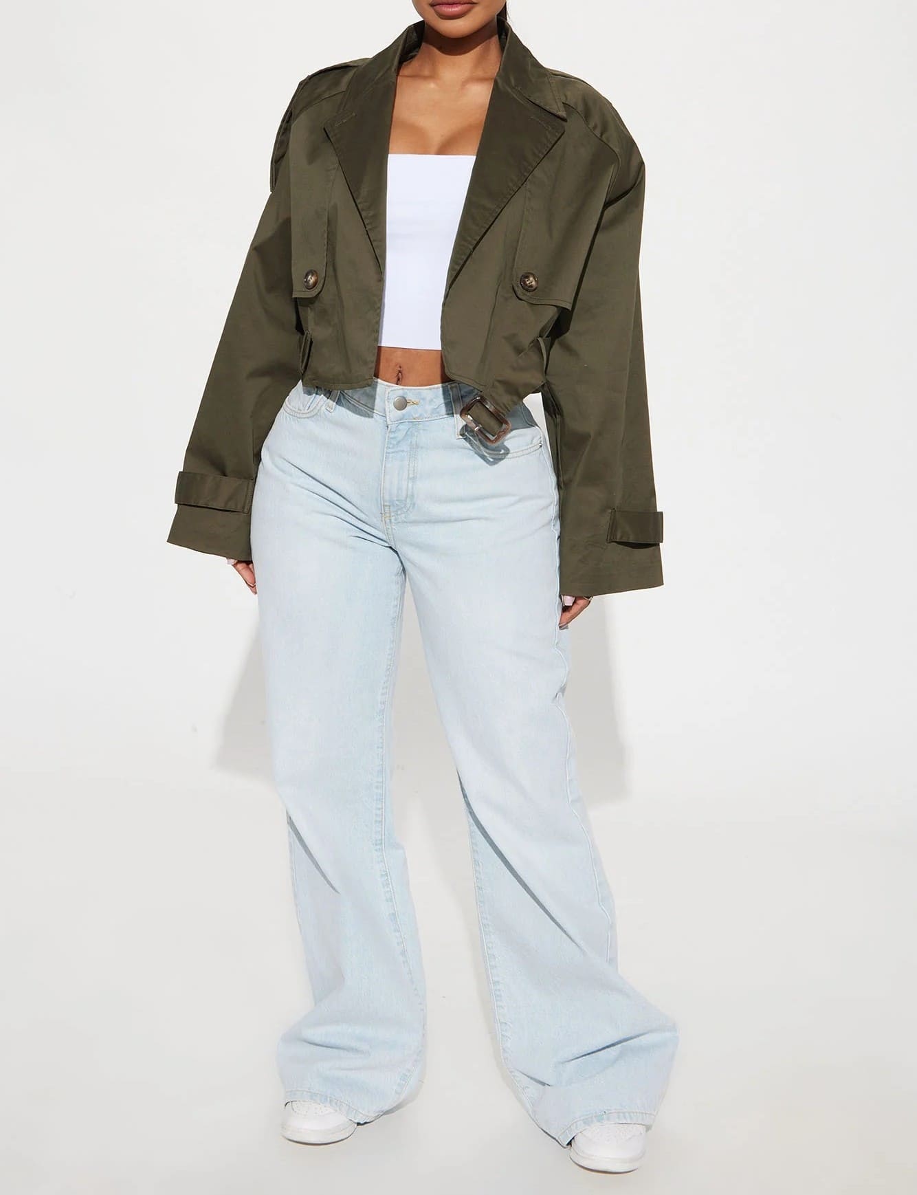 Stylish Olive - green Cropped Trench