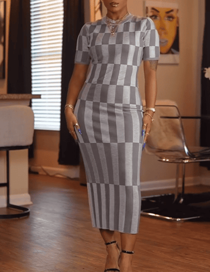 Gray Checkered Short-Sleeve Wrap Dress