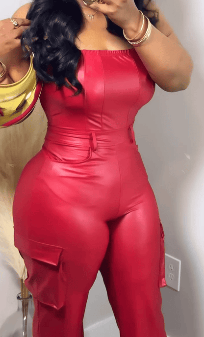 Faux Leather Jumpsuit - Red