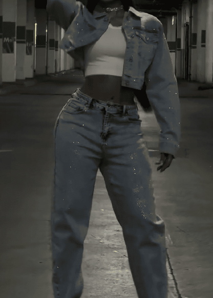 Rhinestone Washed Denim Set