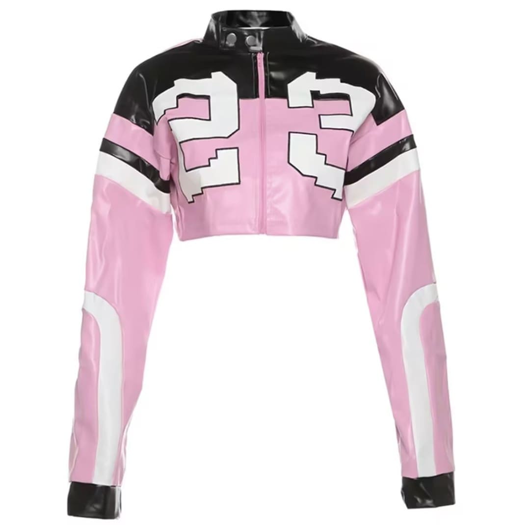 Colorblock Motorcycle PU Cropped Jacket