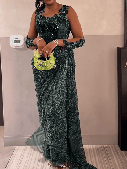 Luxury Beaded Lace Sleeveless Drape Evening Dress