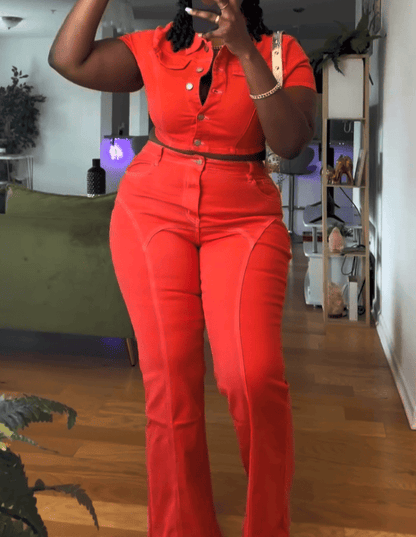 Cropped Denim Jacket & Flare Jeans Set - Orange