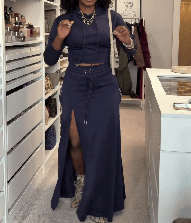 Drawstring Hoodie & Slit Maxi Skirt