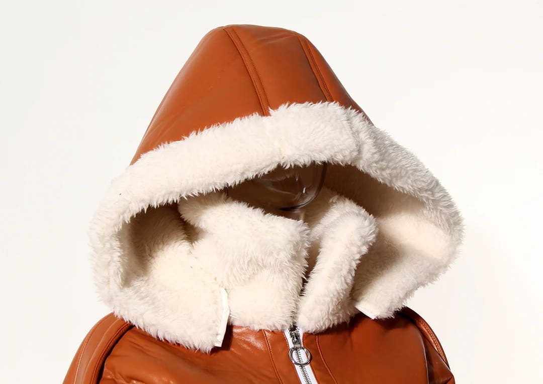 Leather Patchwork Lamb Wool Hooded Jacket