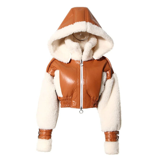 Leather Patchwork Lamb Wool Hooded Jacket