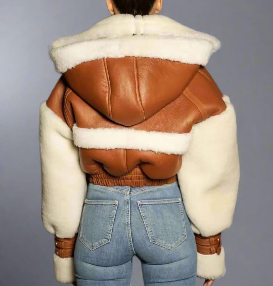 Leather Patchwork Lamb Wool Hooded Jacket