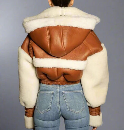 Leather Patchwork Lamb Wool Hooded Jacket