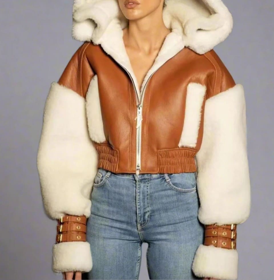 Leather Patchwork Lamb Wool Hooded Jacket