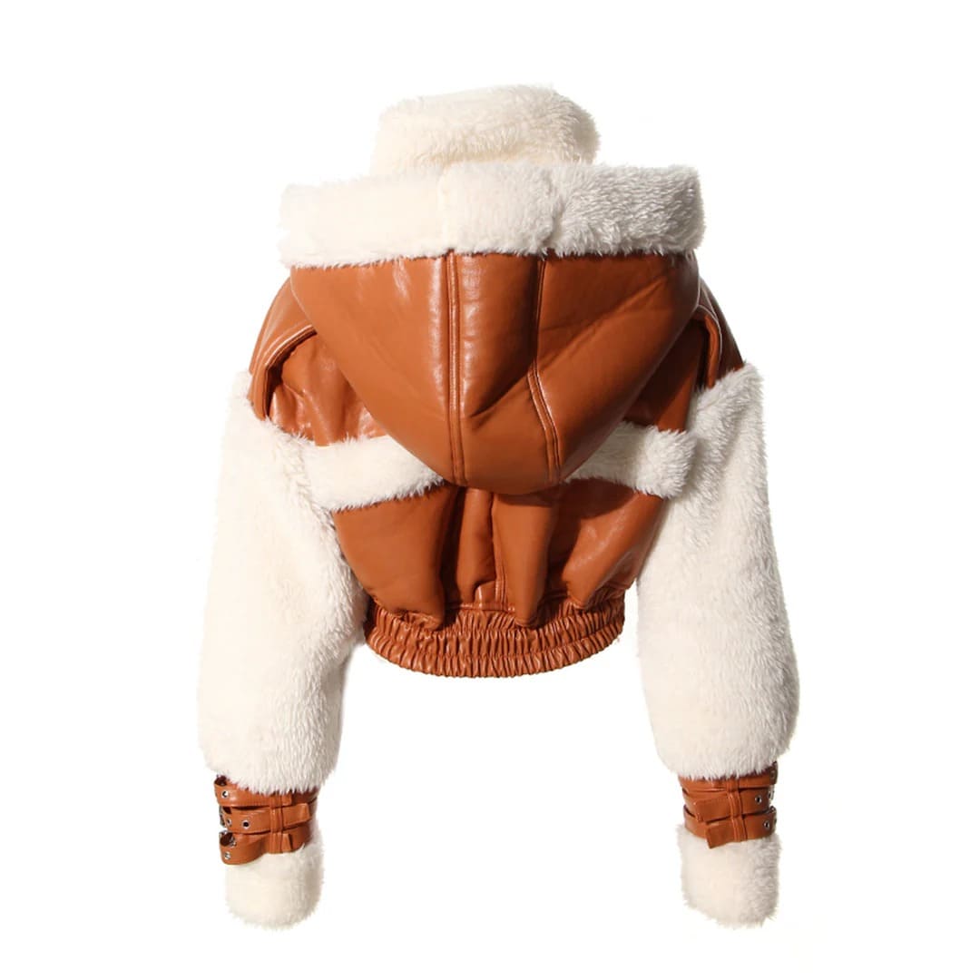 Leather Patchwork Lamb Wool Hooded Jacket