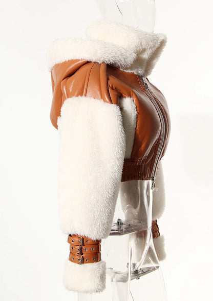 Leather Patchwork Lamb Wool Hooded Jacket
