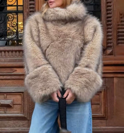 High Collar Warm Faux Fur Pullover Top
