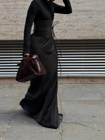 Winter Bias Cut Satin Maxi Skirt with belt
