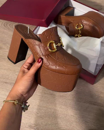 Horsebit platform mules soft leather printing