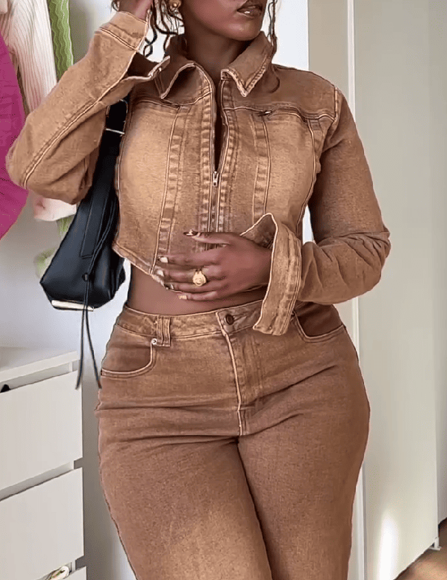 Cropped Denim Jacket & Trousers Set