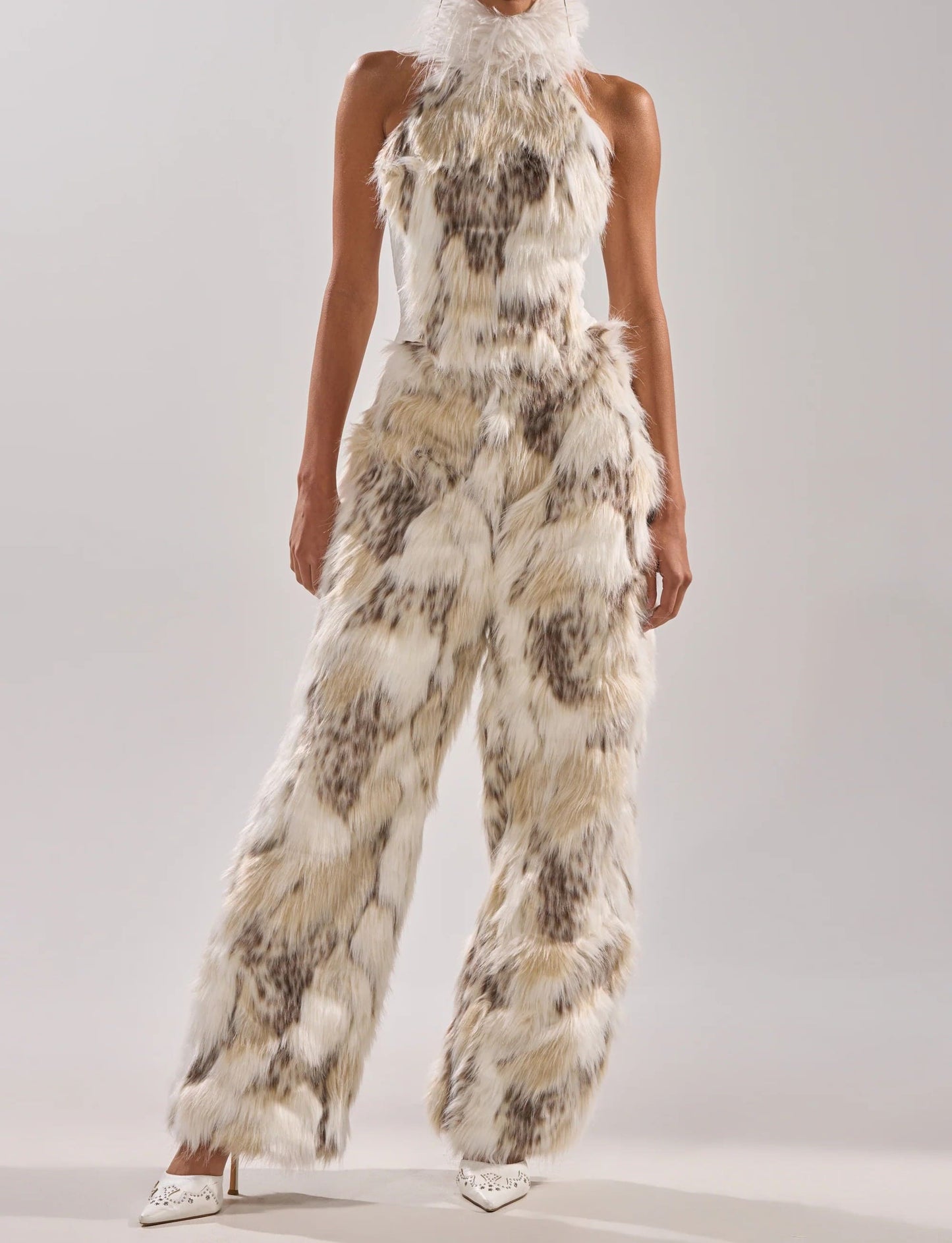 Fur Sleeveless Backless Top + Pants Set