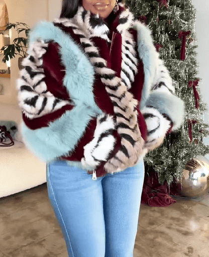 Striped Faux Fur Collared Filled Statement Jacket