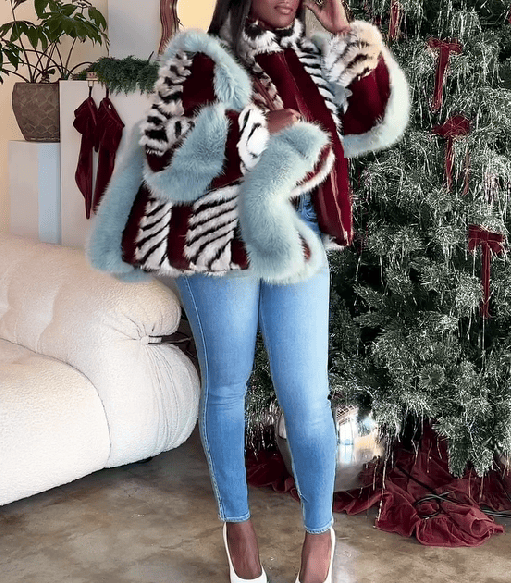 Striped Faux Fur Collared Filled Statement Jacket