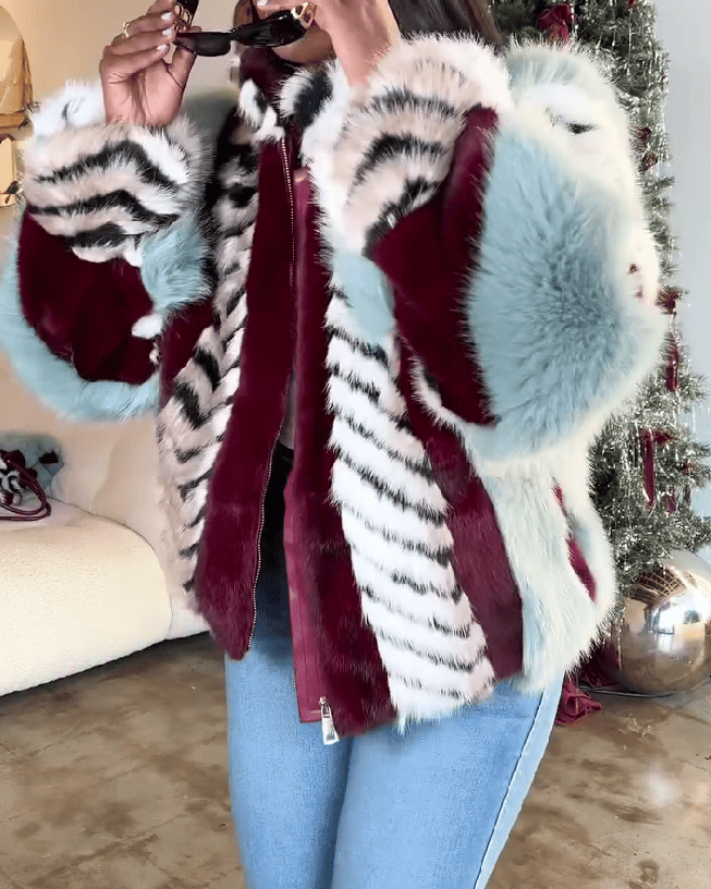 Striped Faux Fur Collared Filled Statement Jacket