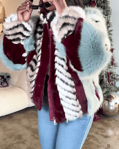 Striped Faux Fur Collared Filled Statement Jacket