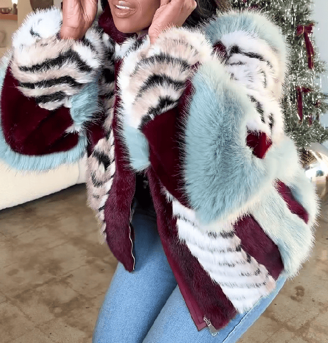 Striped Faux Fur Collared Filled Statement Jacket
