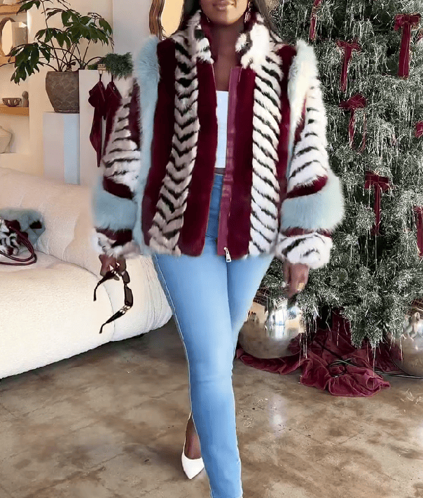 Striped Faux Fur Collared Filled Statement Jacket