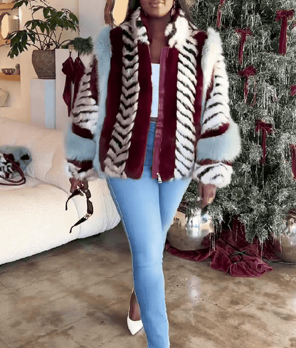 Striped Faux Fur Collared Filled Statement Jacket