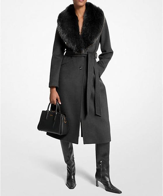 Faux Fur Trim Wool Blend Coat