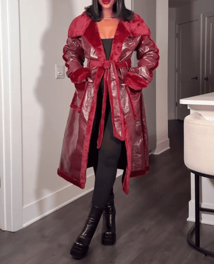 Red Faux Fur Trench Coat