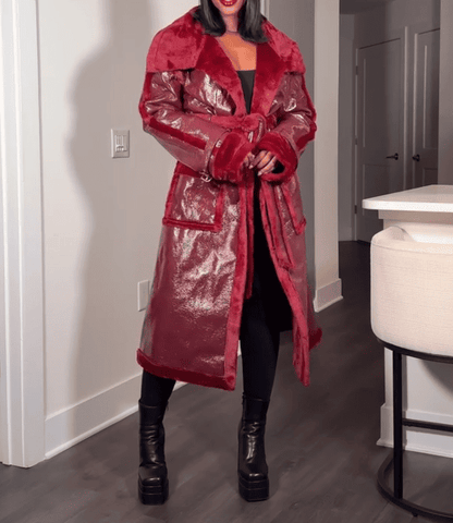 Red Faux Fur Trench Coat