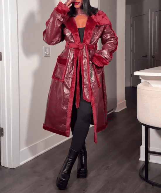 Red Faux Fur Trench Coat