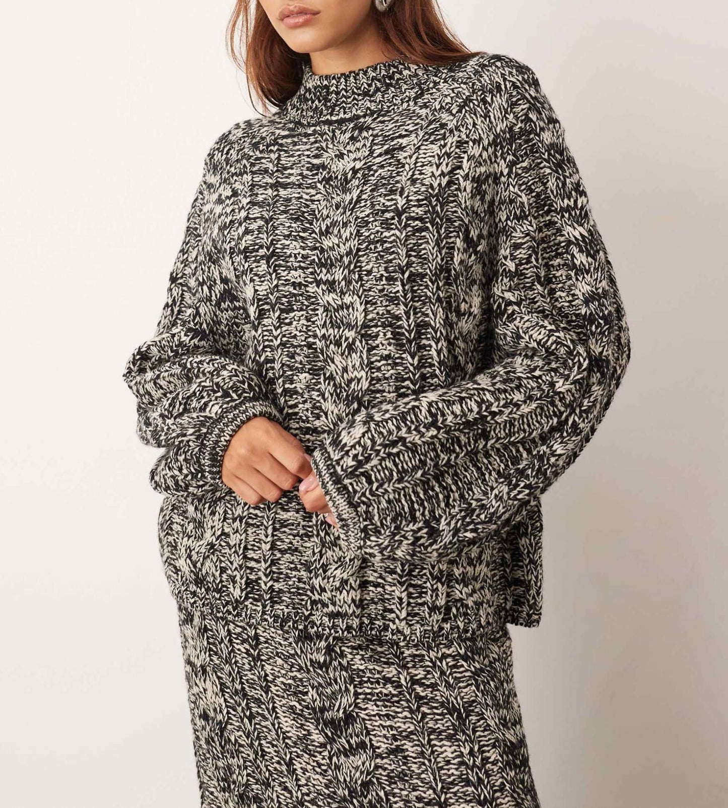 Cable Knit High Neck Sweater & Midi Skirt