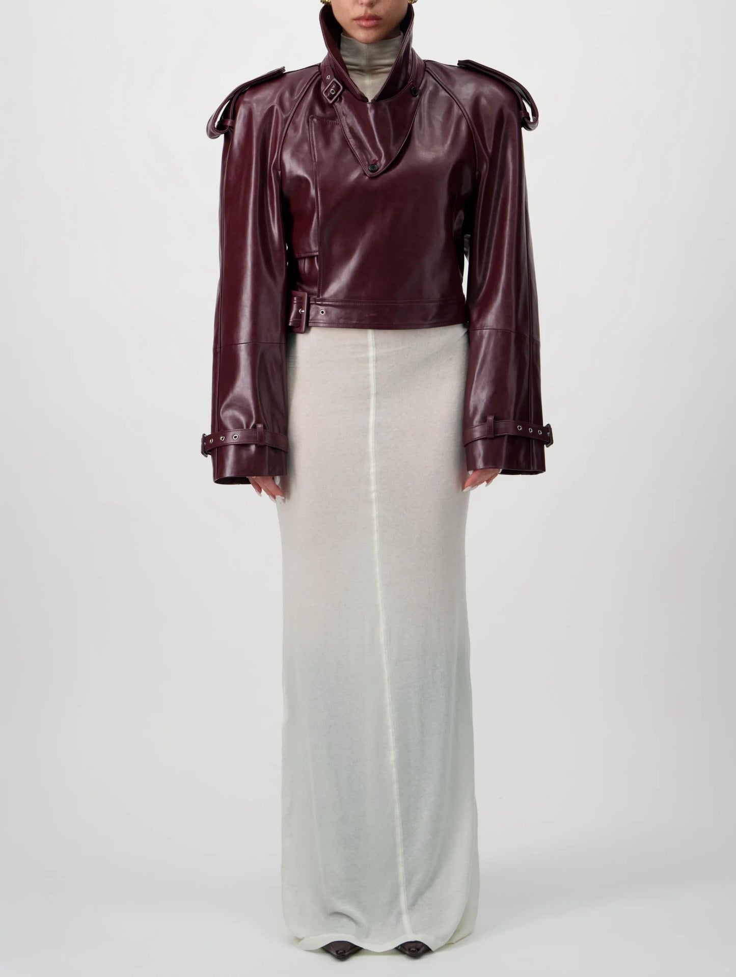 Cropped Trench Leather Jacket - Burgundy