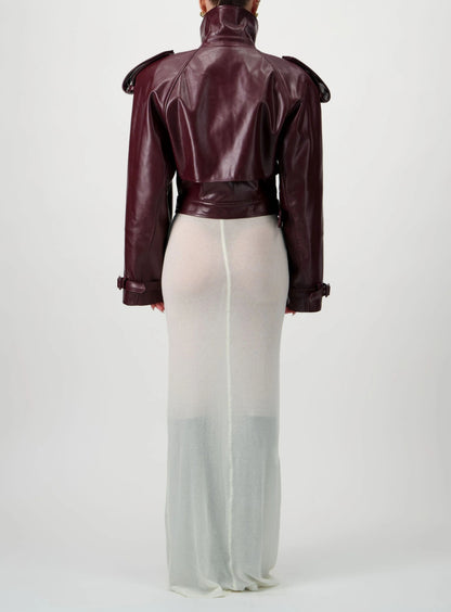 Cropped Trench Leather Jacket - Burgundy