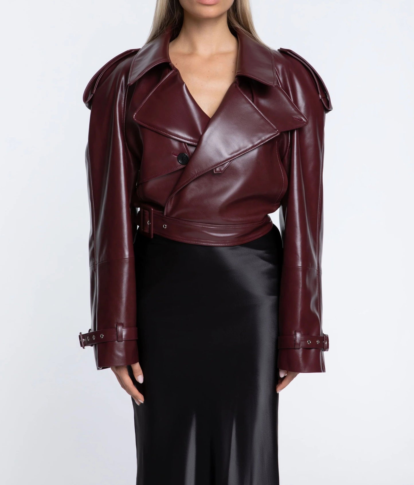 Cropped Trench Leather Jacket - Burgundy