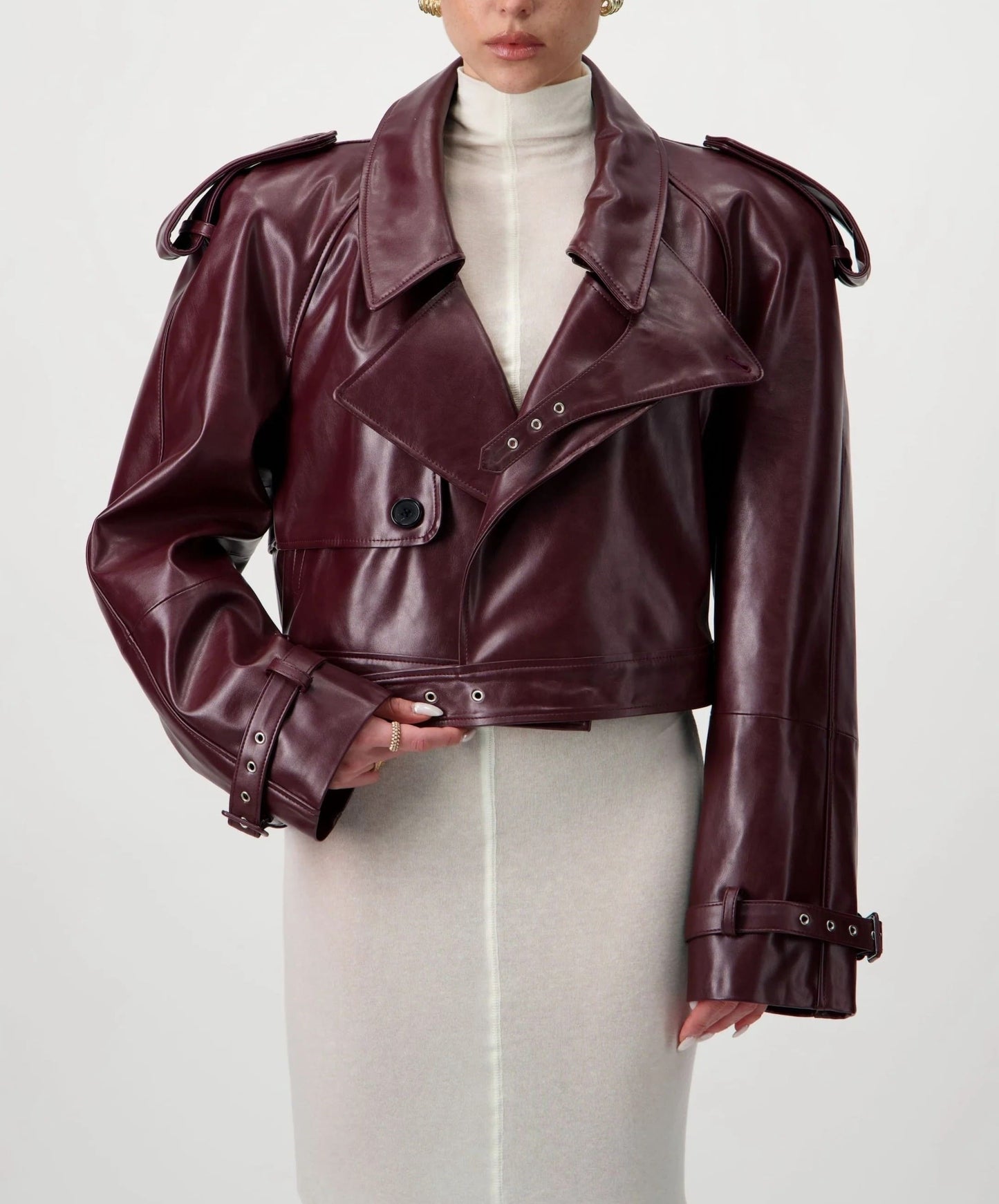 Cropped Trench Leather Jacket - Burgundy