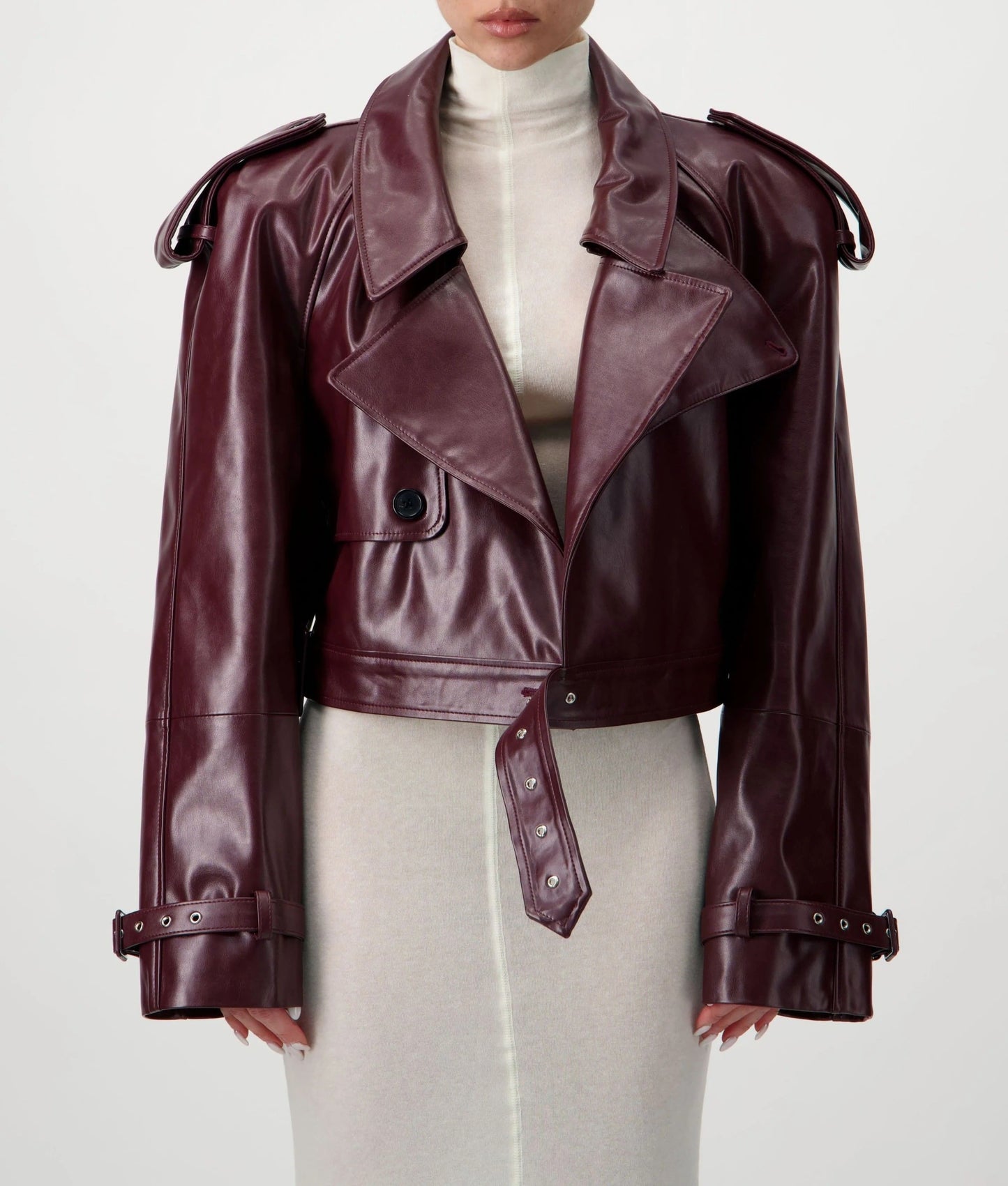 Cropped Trench Leather Jacket - Burgundy