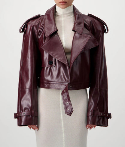 Cropped Trench Leather Jacket - Burgundy