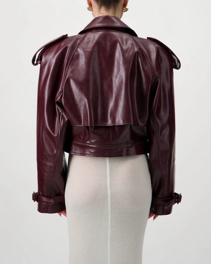 Cropped Trench Leather Jacket - Burgundy