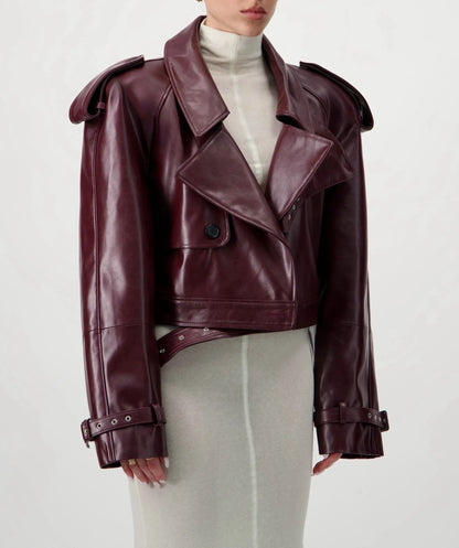 Cropped Trench Leather Jacket - Burgundy