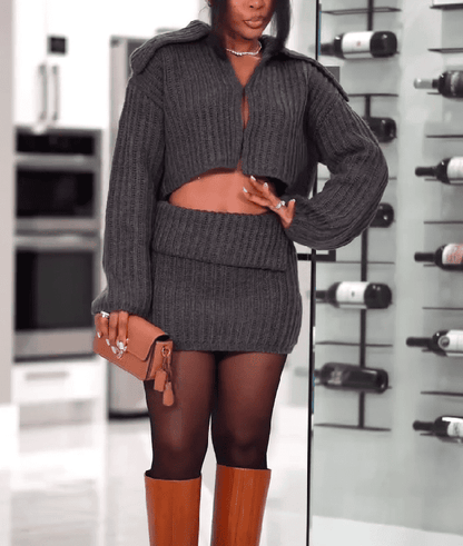 Knit Cropped Cardigan Mini Skirt Set