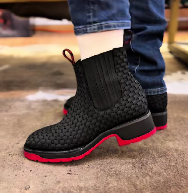 Black Basket Weave Artesanal Boots - Red Sole