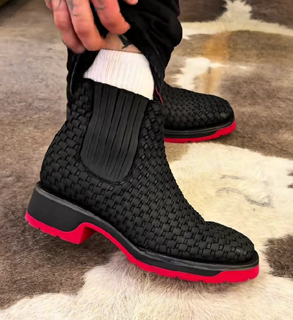 Black Basket Weave Artesanal Boots - Red Sole