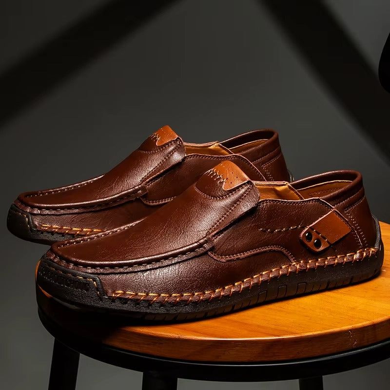 Hand-Stitched Leather Moc Toe Loafers