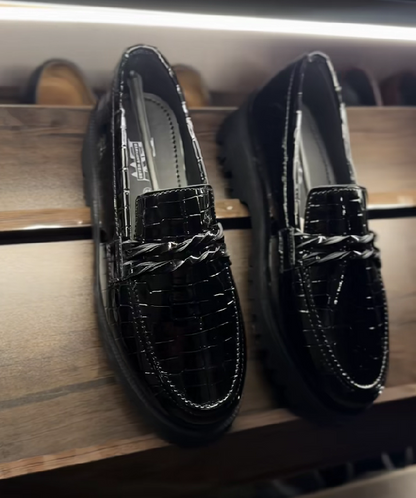 Croc-Embossed Patent Leather Platform Penny Loafers