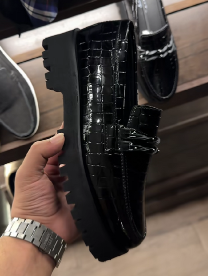 Croc-Embossed Patent Leather Platform Penny Loafers