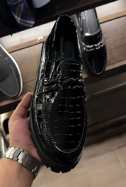 Croc-Embossed Patent Leather Platform Penny Loafers