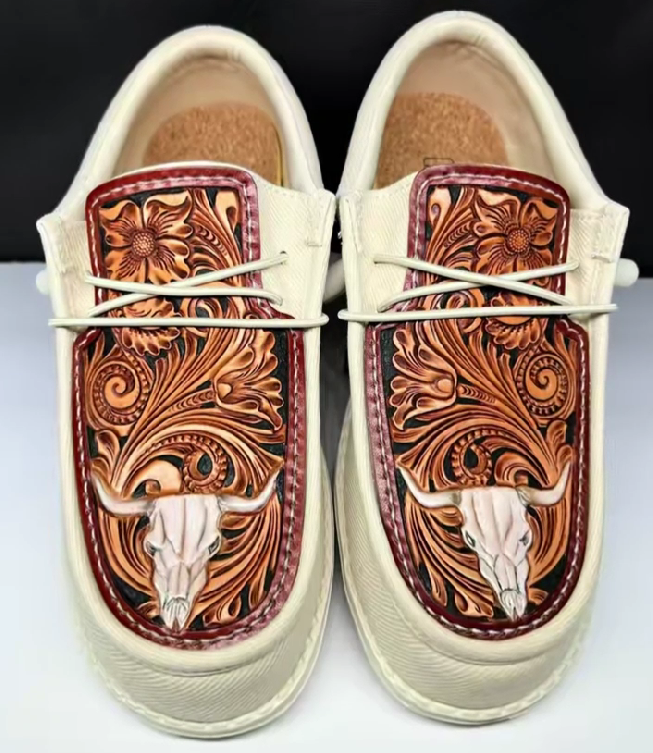 Hand-Tooled Leather Longhorn Skull Western Slip-On Shoes
